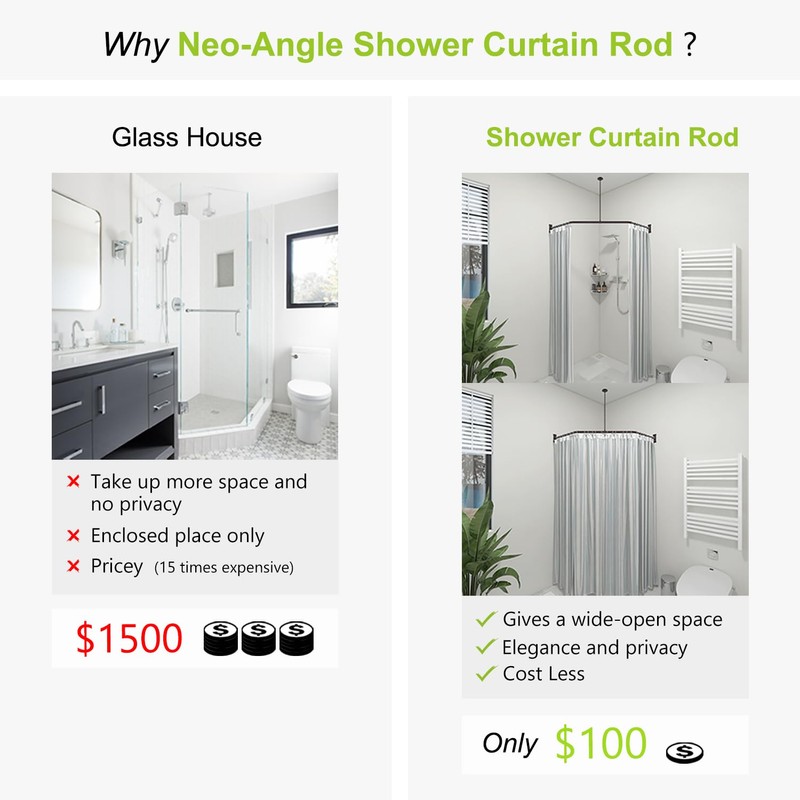 Naiture Neo-Angle Shower Curtain Rod Stainless Steel with Ceiling Support,