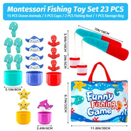 Fishing Game Toddler Sensory Toys Montessori Toy for 1-3 Birthday Gift 23pcs Sea Animal Cloth Fish Game for kids 1 Year Old with 2 Fishing Pole Number Counting Color Sorting Shape Learning Baby Gifts