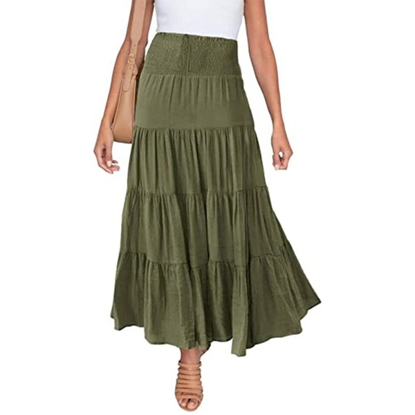 IWEMEK Women Summer Boho Maxi Skirt Ruched Elastic High Waist
