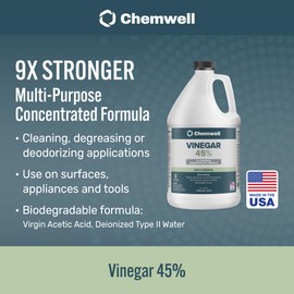 Chemwell 45% Vinegar 4 Gallons (4 Pack, 1 Gallon) - General Purpose All-Natural Multi-Surface Cleaner for Home, Patio & Commercial - High Performance, Powerful Concentrated Acetic Acid - Made in USA