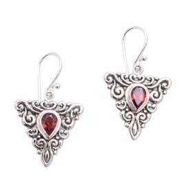 NOVICA Artisan Handmade Garnet Dangle Earrings Triangular from Bali Sterling Silver Indonesia Birthstone Gemstone [1.4 in H x 0.8 in W x 0.1 in D] ' Triangle Tendrils'