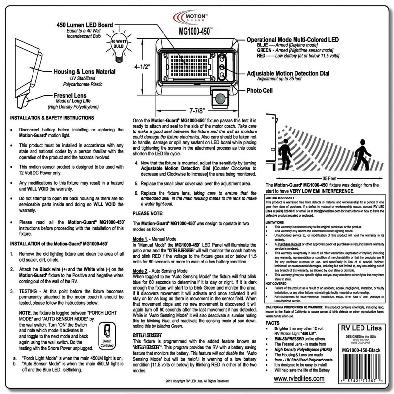 MOTION-GUARD, MG1000-450B, RV Exterior Mounted Bright LED Motion Sensor Porch