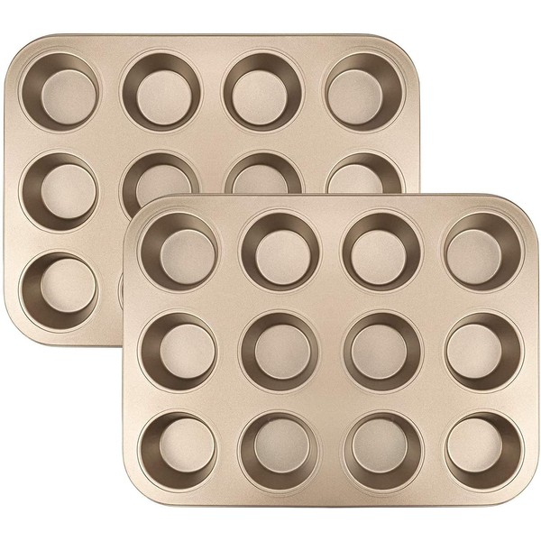 Tebery Pack of 2 Muffin Moulds for 12 Muffins, Baking Tray for Muffins Muffin Tray, Cupcake Moulds, Non-Stick Coating, Carbon Steel, Gold, 35.5 x 26.5 x 2.7 cm