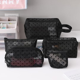 Clapoyis Mini Pouch, Set of 5 Sizes, Cute, Nylon Mesh Pouch, Mini Size, Pouch, Men's, Cosmetics Pouch, Travel Cosmetic Pouch, Powder Case, Heart Pouch, Portable (Black)