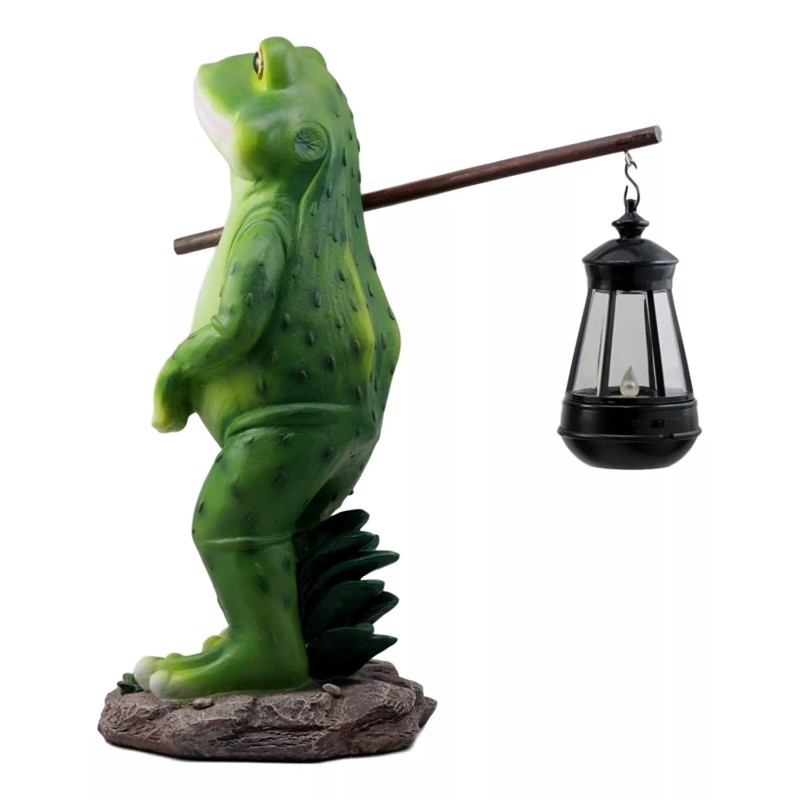 Blue Bayou Trails Hiking Frog Statue Holding Rod With Solar