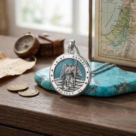 LUANIOL St Raphael Pendant Necklace 18K White Gold Plated Turquoise Saint Raphael Medal Necklace Religion Amulet Protection Jewelry for Men Women Gifts With Stainless Steel Chain