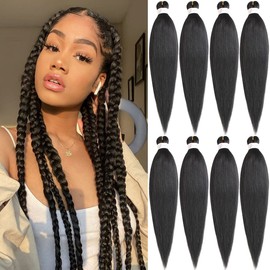 Leeven 8 Packs Pre Stretched Braiding Hair Extension Yaki Texture Hot Water Setting EZ Braids Kanekalon Hair for Coi Leray Braids Black Braiding Crochet Hair Extensions / 20 Inch 1B#