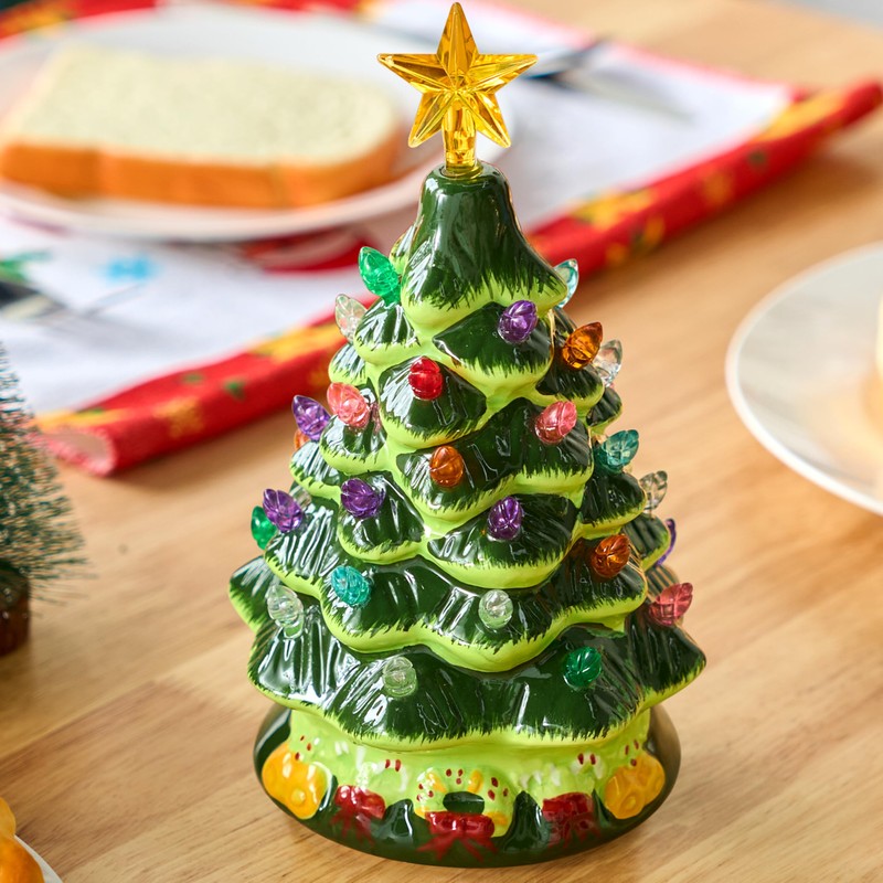 Joiedomi 7" Ceramic Christmas Tree with Green Base, Prelit Xmas