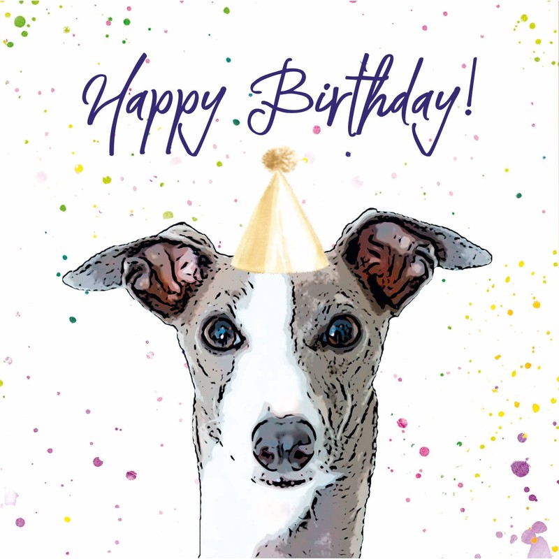 Greyhound Birthday Card - Party Hat