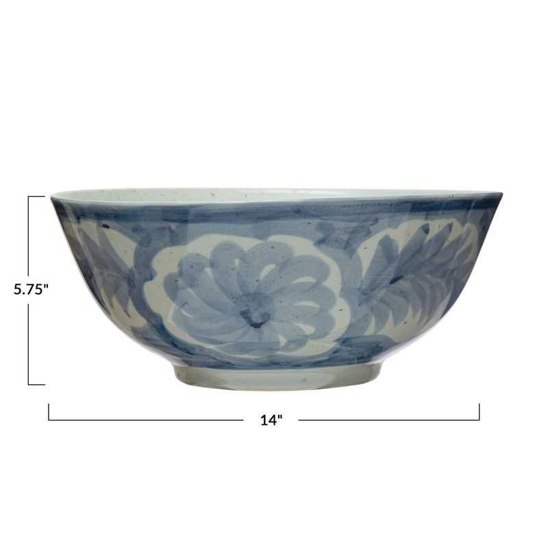 Creative Co-Op Hand Painted Stoneware Bowl with Floral Design, Blue