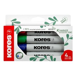Kores - Coloured ECO Whiteboard Marker Pens - K-Marker XW1, with Round Tip and Low-Odour Ink - Dry Wipe Marker Pens - School Supplies, Office Supplies - Pack of 4 Assorted Colours