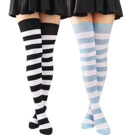 AQOKKA 2 Pairs Extra Long Thigh High Socks for Women Long Cotton Boot Femboy Thigh High Stockings Striped Over Knee High Socks Leg Warmers for Girls