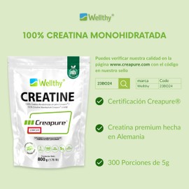 Wellthy Creatina Monohidratada Creapure ® 800g. 100% Pura. Solo 1 Ingrediente Creatina Alemana Creapure®. Vegana, Sin Azúcar, 160 porciones, 5g por porción, Incluye Scoop. Pure. Proven. Perfect.