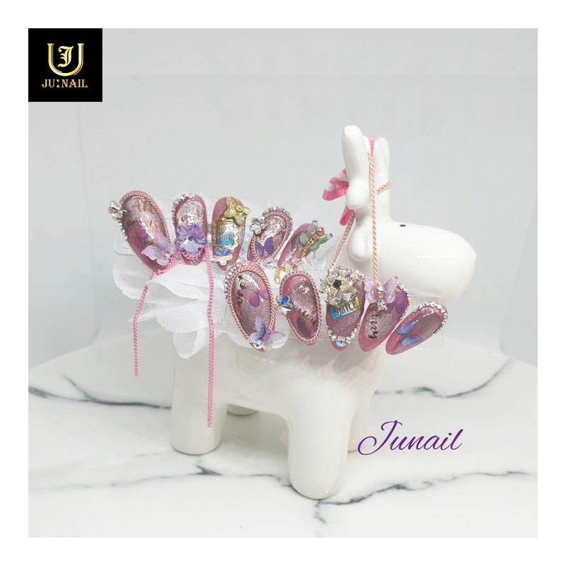 Flower and Butterfly Handmade Nail Tips - Short Straight Coffin
