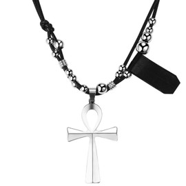 Rofusn Hhippie Leather Necklace Ankh Pendant: Stainless Steel Beads Boho Braided RopeLeather Cord Necklace for Men Women