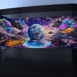 36" X 20"Trippy Planet Aquarium Background, Galaxy Space Tapestry Fantasy Forest Mountain Tank Decorations Background, Aesthetic Floral Plant Art Terrarium Background with 10 EVA Double-Sided Tape