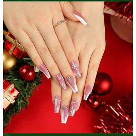 Pikabows Press on Nails Long Coffin Christmas Pink Snowflake Rhinestone French Fake Nails Acrylic False Nail Tips Kit Glue on Nails for Women 24PCS