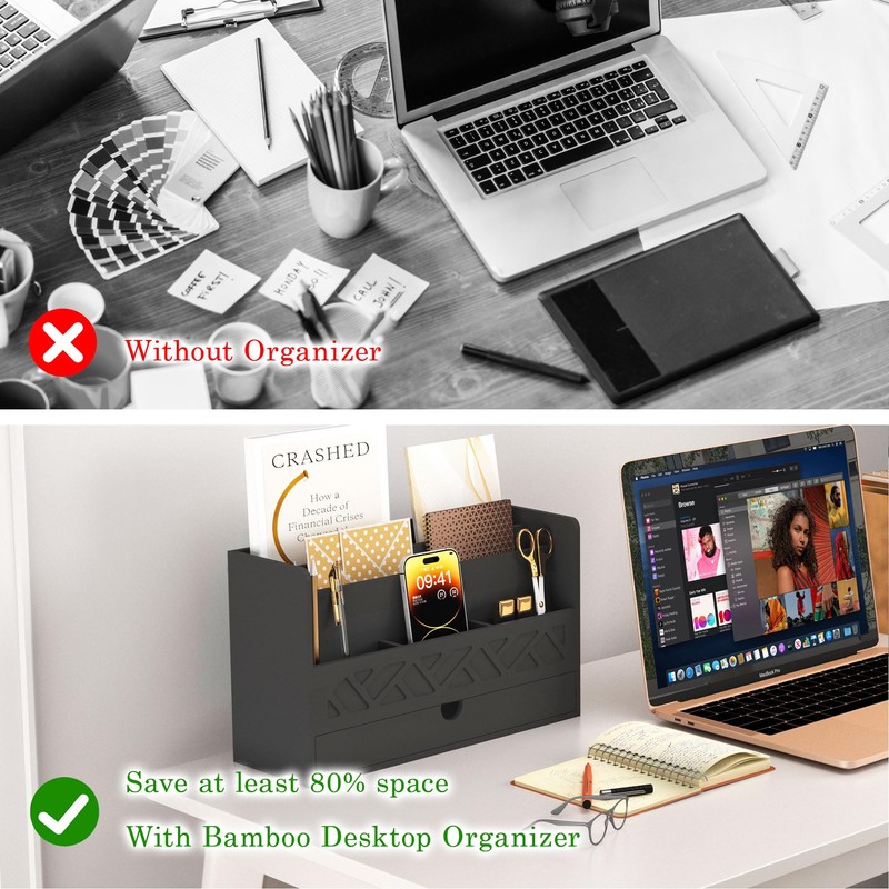 Bamboo Mail Organizer Countertop Desktop with Drawer - Desk Organizer