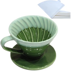 LonMuseum Ceramic Pour Over Coffee Dripper with 50 pcs V60 coffee filters - Portable Drip Coffee Brewer for Travel, Camping, Office or Home - Artisanal Pottery Gift for Enthusiasts
