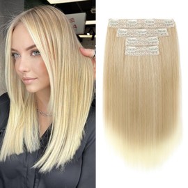 NTYNTY Hair Extensions, 14" Short Clip in Hair Extensions 4PCS Straight Blonde Hair Extensions Natural Soft Synthetic Hairpiece for Women - Dark Blonde with Light Ends