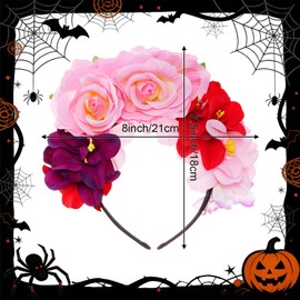 DXGSHSA Mexican Rose Flower Crown Headband, Day of The Dead Floral Rose Headpiece, Flower Crown Wreath Decoration for Halloween Costume Party (Pink)