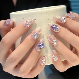 Pure Handmade Nails Press on Nail Reusable Fake Nails Silver&Golden RhineStones Bling Bling Medium Stick on Nails French Tip False Nails 10pcs (L, Q317 NAILS)