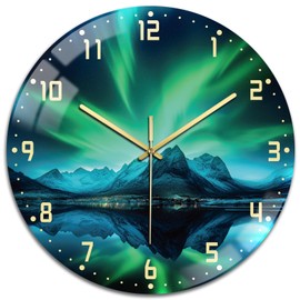 peacoblue Wall Clocks Battery Operated Aurora and Landscape 12 Inch Glass Wall Clock Non Ticking for Kitchen Living Room Dining Room Bedroom and Bathroom Decor Accessories (Battery not Included)