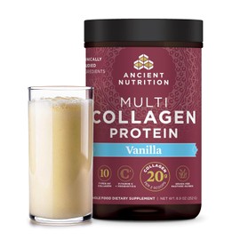 Proteína en polvo de colágeno por Ancient Nutrition, Multi colágeno vainilla Proteína en polvo, 24 porciones, vitamina C, péptidos de colágeno hidrolizados que apoyan la piel y las uñas, salud intestinal, suplemento articular, 9 onzas