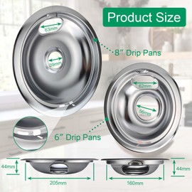 Purelux Drip Pans Replacement for Whirlpool Kenmore Electric Stove, Chrome Finish 4 Pieces Pack Includes Two Large 8" and Two Small 6" Bowls