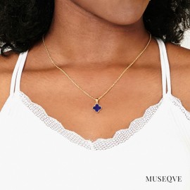 MUSEQVE Blue Four Leaf Clover Necklace for Women Rhodium Silver Plated Dainty Navy Color Onyx Stone Lucky Clover Pendant Charm No Tarnish Jewelry Gifts [CVRN-B-S]