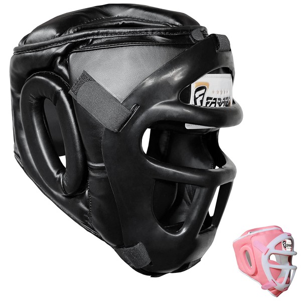 Farabi Sports Boxing Headgear Grill Head Guard MMA Training Kickboxing Sparring Gear Removable Front Bar Gril (Black, Large)