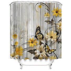 AZHM Yellow Daisy Floral Shower Curtain Set Butterfly Farmhouse Country for Bathroom Decor Set with Rugs Toilet Lid Cover and Bath Mat