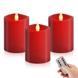 ASLDOIWEH 3x4 Flickering Flameless Candles Set of 3, 2AA Battery Life 600 Hours Battery Candles Flickering with Timer,4 inch Flameless Candles with Remote for Indoor/Outdoor, Red