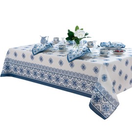 Newbridge Rectangle Fabric Tablecloth, 60 x 102 Inch, Mykonos Blue Mediterranean, Indoor Outdoor Stain Resistant No-Iron Table Cloth, Blue Tile Border
