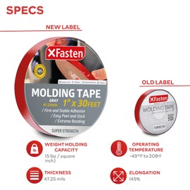 XFasten Super Strength Automotive Molding Tape, Gray, 1-Inch x 30-Foot, Double Sided Exterior Mounting Tape for Auto Body Molding, Trim, Side Mirror, Emblem, Nameplate and Outdoor Applications