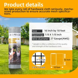 AggFencer 16in x 10ft Hardware Cloth 1/8 inch 27Ga Hot Dipped Galvanized After Welding, Chicken Coop Wire Fence, Welded Metal Fencing Roll Mesh for Bee Screen Garden Plant Poultry Animal Netting Cage