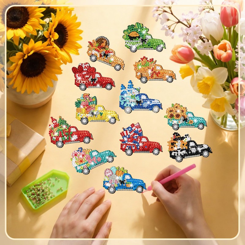 12 Pcs Diamond Art Magnets Seasonal Truck Refrigerator DIY Craft
