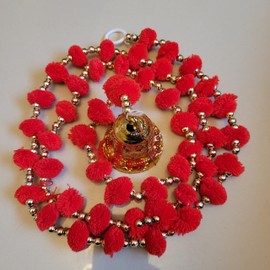 Estationeryhouse Indian Handmade Pom Pom Garland with bells latkans 5 feet approx pack of 2 garlands Diwali decor Christmas decor (Red)