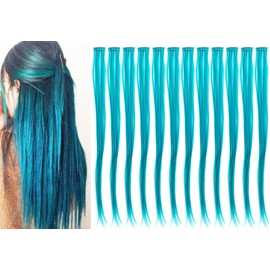 12 Pcs Straight One Color Party Highlights Clip on in Hair Extensions Colored Hair Streak Synthetic Hairpieces for Women Kids Girls (Teal blue)