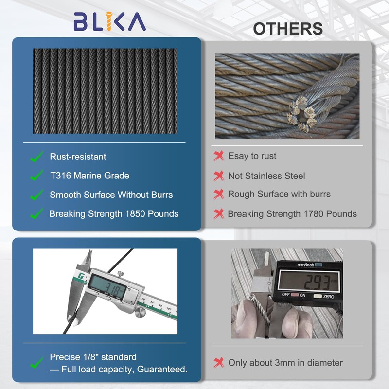BLIKA 250FT 1/8" Black Stainless Steel Cable with Cutter, T316