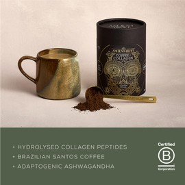 Ancient + Brave - Coffee + Collagen Powder 250g - Organic Brazilian Ground Coffee with Grass-Fed Hydrolysed Bovine Collagen - Premium Blend of Organic Cacao, Ashwagandha & Baobab - High Protein, Keto