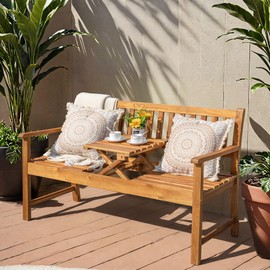 Greesum Outdoor Bench 2-Person Acacia Garden Chair Patio Porch Furniture with Foldable Small Table Plate for Deck, Yard, Balcony, Natural
