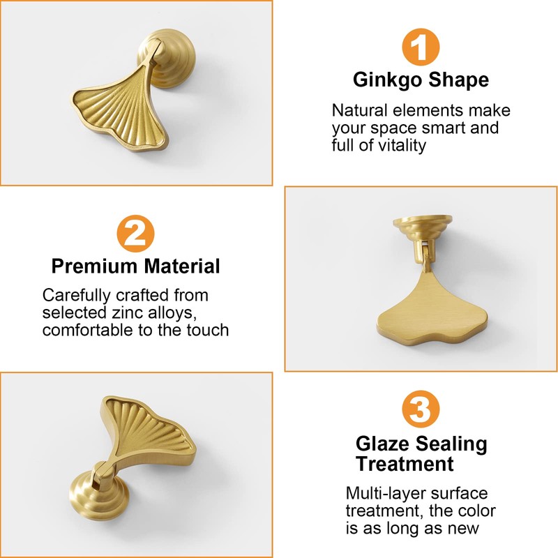 Morobor Ginkgo Leaf Shape Knob Handles, 6pcs Golden Drop Pendant
