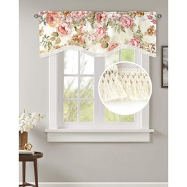 Summer Flower Peony Floral Curtains, Rod Pocket Kitchen Window Valances with Tassel, Watercolor Leaf Curtains for Living Room Oil Painting Style Abstract Window Valance 54x18In