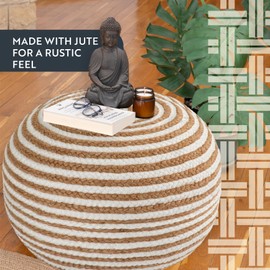 Dekorist Round Ottoman Pouf Footstool Jute Pouffe Stool Seat Cushion Boho Home Decor Extra Seating Pouffe for Living Room, Bedroom, Indoor Glacier Path, 21x21x11 inch, Natural-White Line