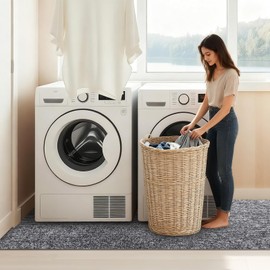 9 mm Extra Thickened 63 X 36 in Washer and Dryer Mats for Floor, High-Density Polyester Fiber Washing Machine Mat with Rubber Backing, Non-Slip Shock Absorbing Water Absorbing Trimable (Light Grey)