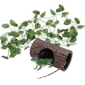 EELLAO Reptile Tank Accessories, Leopard Gecko Tank Accessories, Terrarium Decorations for Arboreal Reptiles, Hermit Crabs, Leopard Gecko, Lizard Terrarium, (Barrel x 1pcs, Reptile Plants x 2Meter)