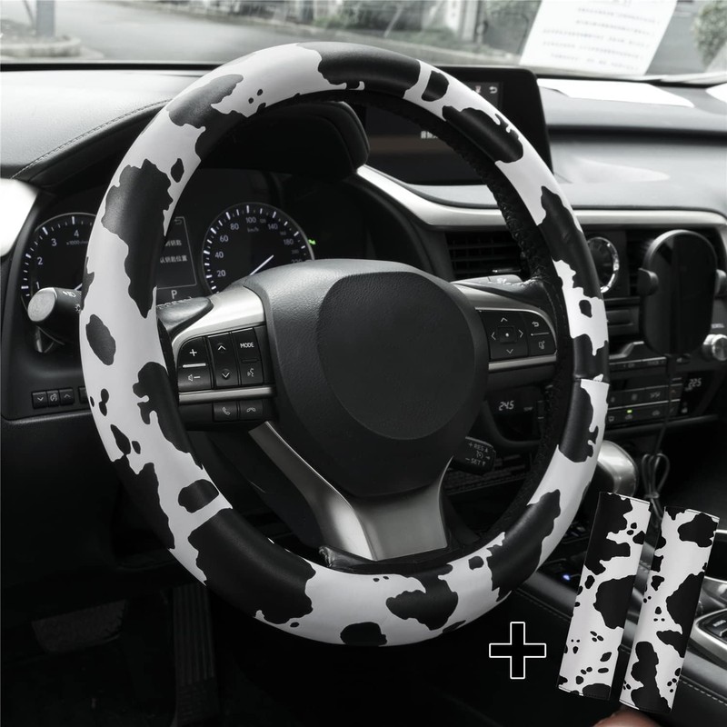 AUTOXBERT 3Pcs Cow Print Steering Wheel Cover Set 15Inch Wheel
