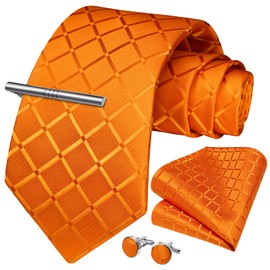 HISDERN Men's Orange Plaid Tie and Pocket Square Set Handkerchief Cufflink Tie Clip Set Formal Wedding Party Gifts Necktie For Men