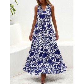 BTFBM Womens Summer Maxi Dresses 2025 Casual Sleeveless V Neck Loose Fit Floral Boho Dress Beach Long Sundress(White Navy Flower,Large)